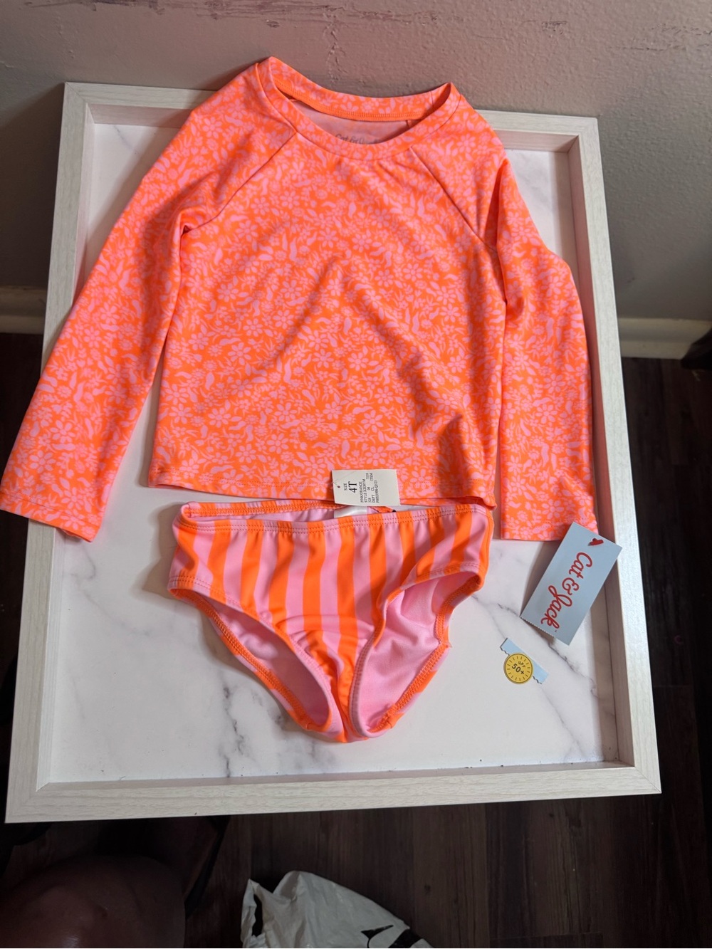 Cat & Jack Neon Coral and Light Pink Long-Sleeve Rash Guard Set
